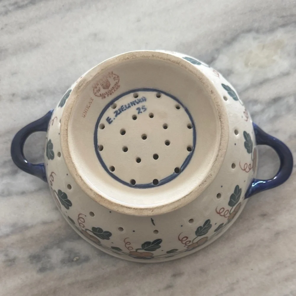 Blue Floral Ceramic Colander with Double Handles